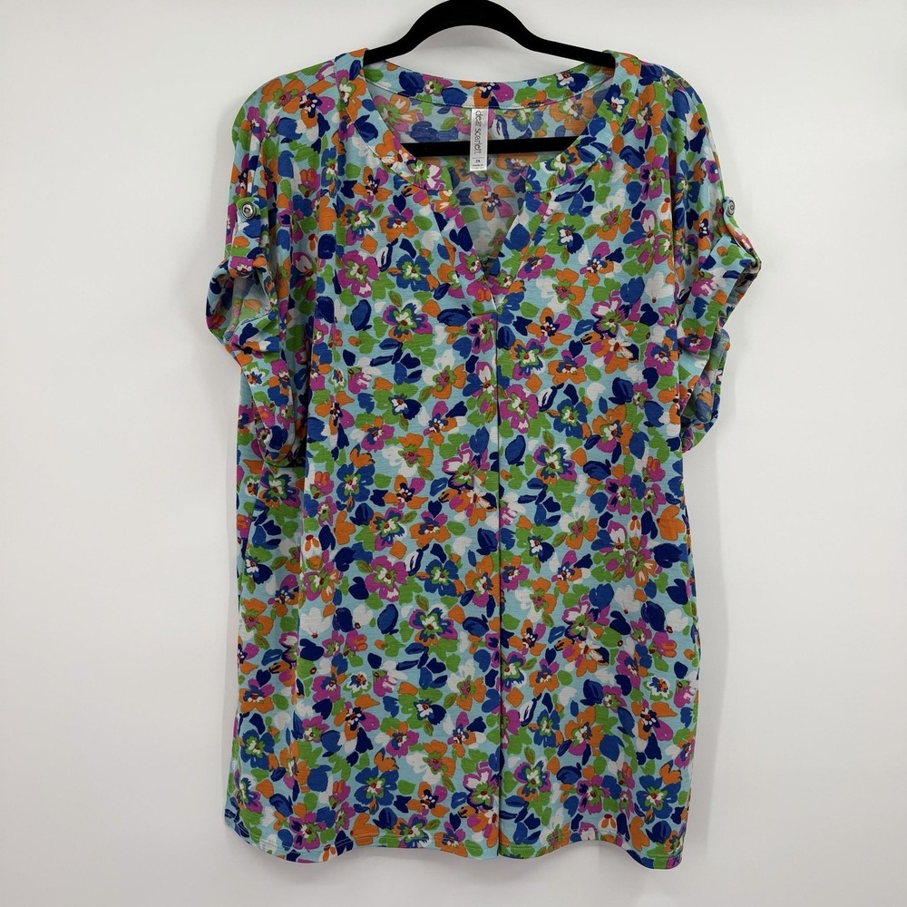Dear Scarlett Tunic Womens 2X Blue Floral V-Neck Roll Tab Sleeve Stretch